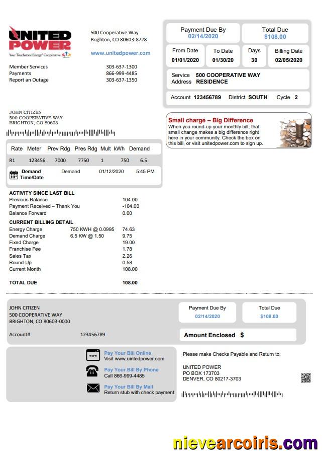 USA Colorado United Power utility bill